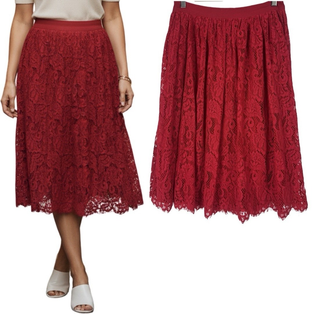 FRNCH Women Red Lace Lined Midi Skirt Size Zipper‎ Size L